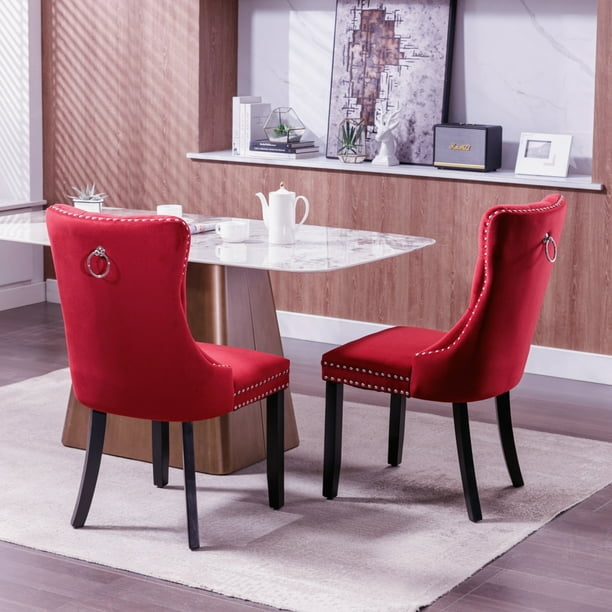 Dining Chair in Burgundy Velvet with Diamond Tufting and Nailhead Trim