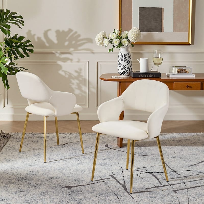 Dining Chair in Pink Upholstery with Gold Metal Legs and Curved Back