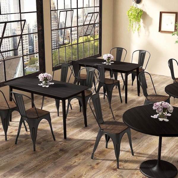 Dining Chair Industrial Matte Black Metal Wood Seat Bistro Style