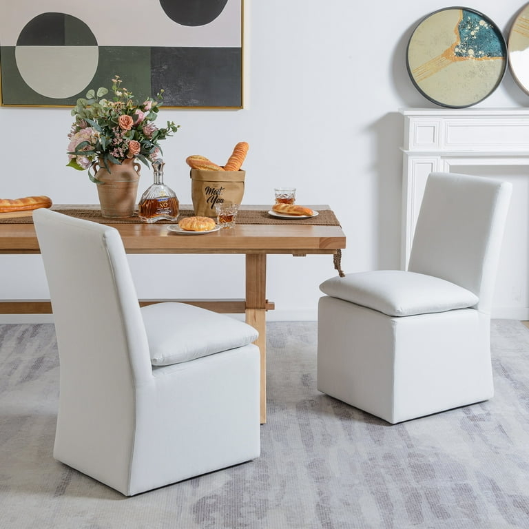 Dining Chair Ivory Performance Fabric Rolling Barrel Back Casters