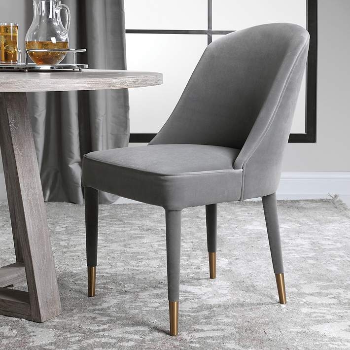 Dining Chair Light Gray Velvet Curved Back Tapered Legs