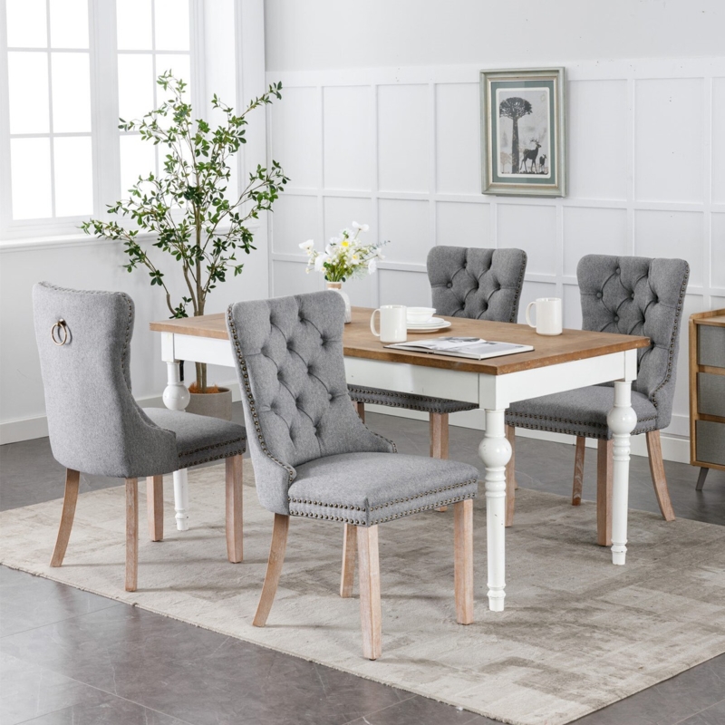 Dining Chair Linen Look with Button Tufting and Tapered Legs