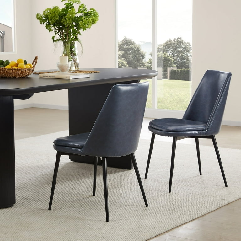 Dining Chair Low Curved Back Metallic Leg Tips Navy Faux Leather