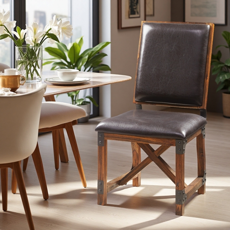 Dining Chair, Mid-Century Industrial Wood Frame with Leather-Like Seat, Crossed-Beam Support
