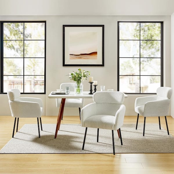 Dining Chair Minimalist Boucle Barrel Silhouette Black Tapered Legs