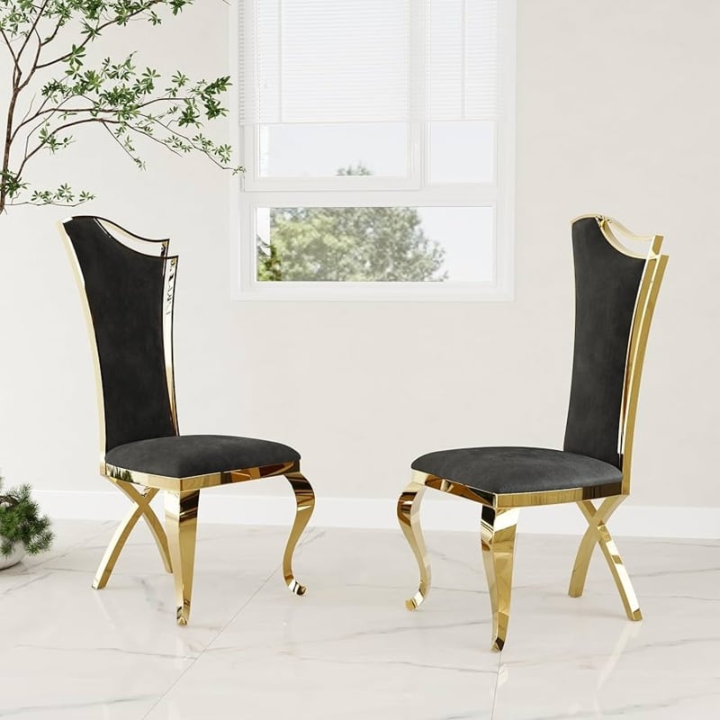 Dining Chair Modern Glam Black Velvet Gold X-Shaped Base