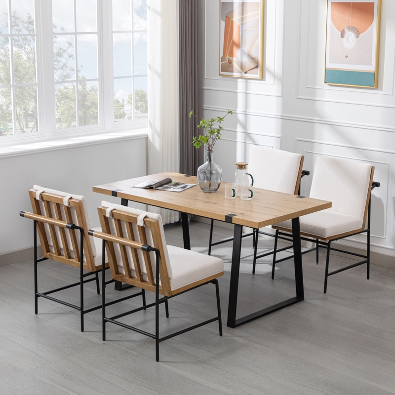 Dining Chair, Modern Industrial Mixed Materials, Curved Wood Back with Gray Upholstered Seat