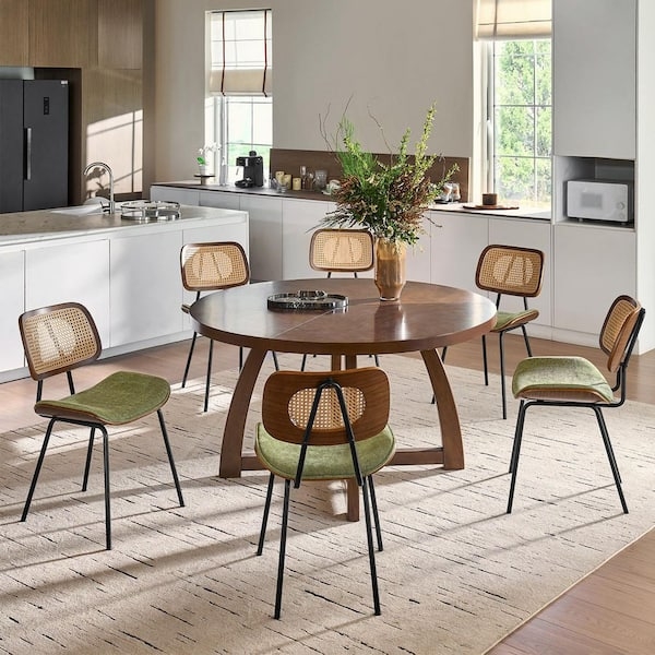 Dining Chair Moss Green Seat Woven Rattan Backrest