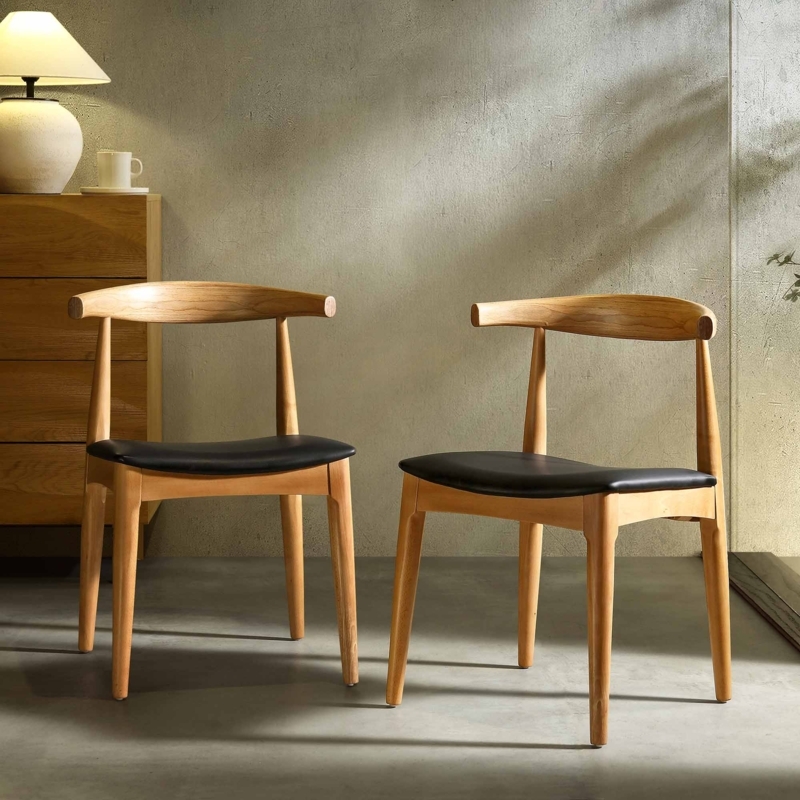 Dining Chair Natural Beech Frame Curved Spindle Back Black Seat