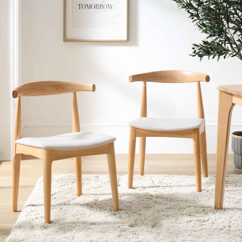 Dining Chair Natural Wood Curved Back with Beige Upholstered Seat