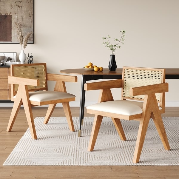 Dining Chair Natural Wood V-Shaped Legs Cane Backrest, Chandigarh Design