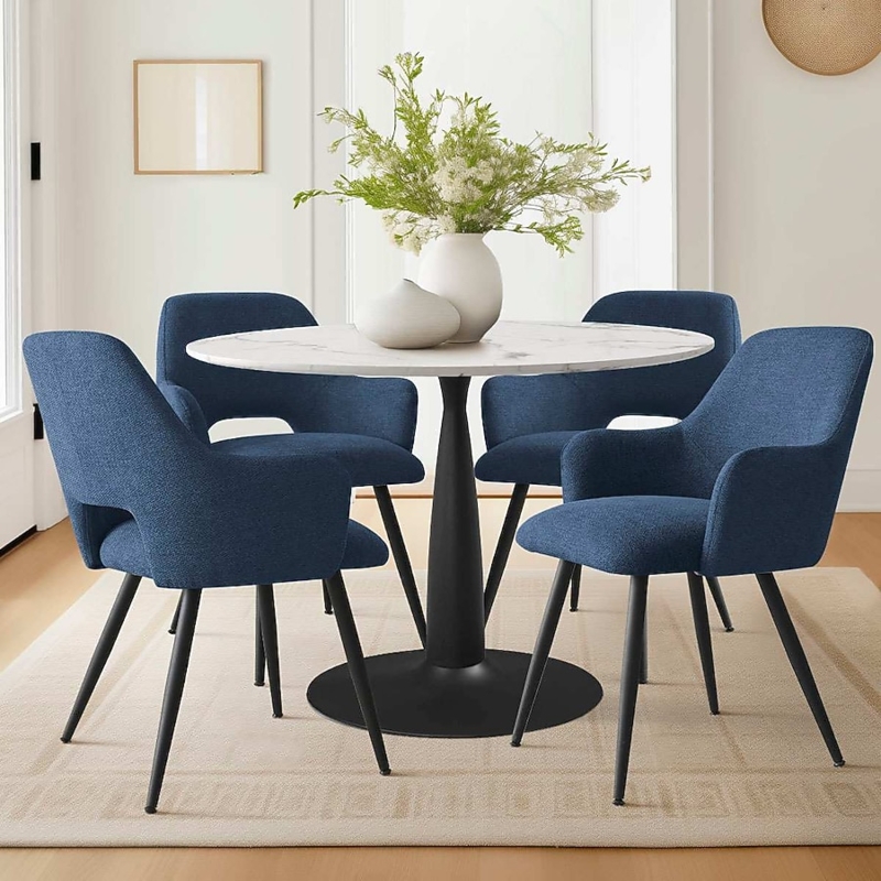 Dining Chair Navy Blue Boucle Texture Open Back Black Metal Legs