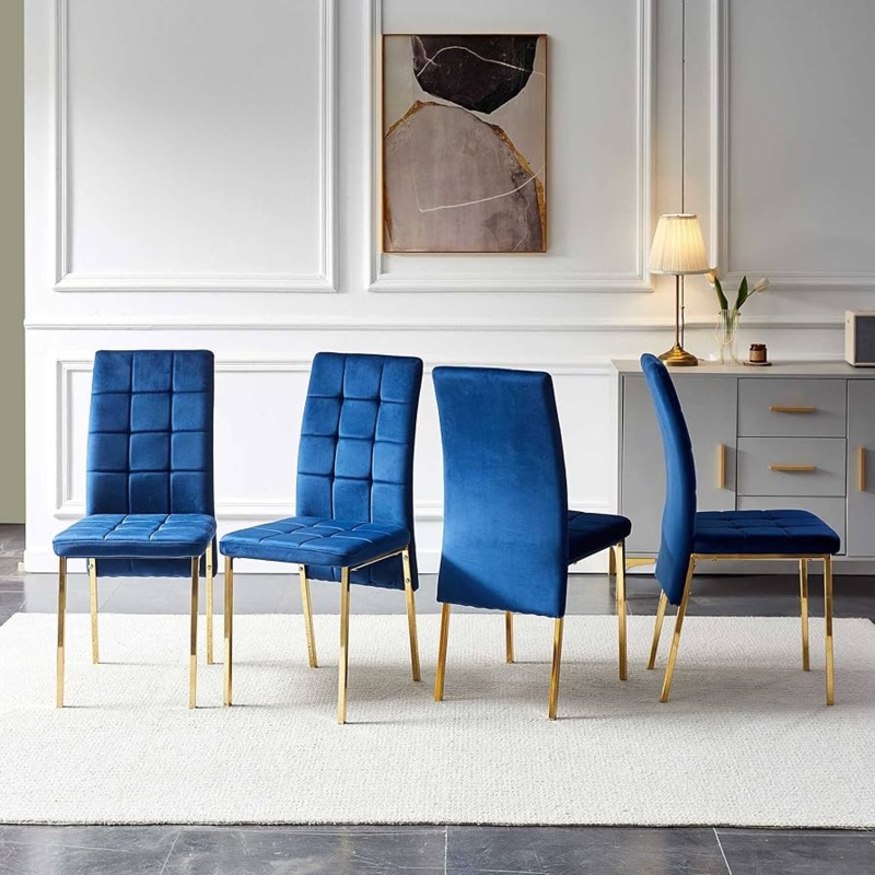 Dining Chair Navy Blue Velvet Channel Tufting Gold Metal Legs