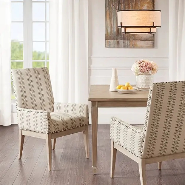 Dining Chair Neutral Linen Nailhead Trim High Back Set