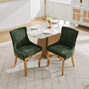 Dining Chair Olive Green Upholstery, Bronze Nailhead Trim, Slim Legs