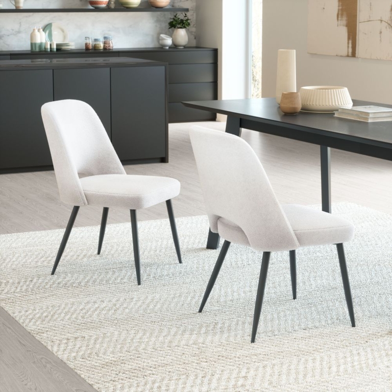 Dining Chair Organic Boucle Texture Curved Back Black Metal Legs