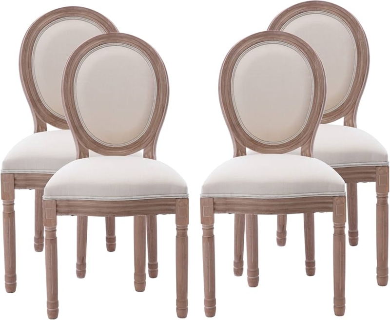 Dining Chair Oval Back Fluted Legs Farmhouse Beige Fabric French