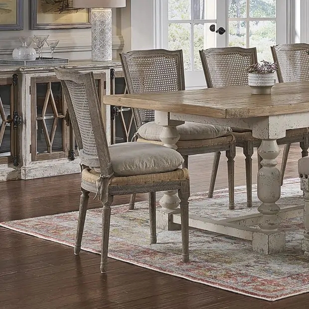 Dining Chair Oval Cane Back Distressed Fluted Legs Light Wood Beige