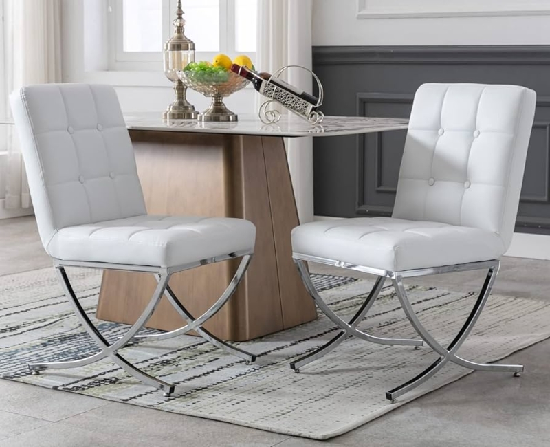 Dining Chair Pair: White Tufted High-Back with Polished Chrome Legs