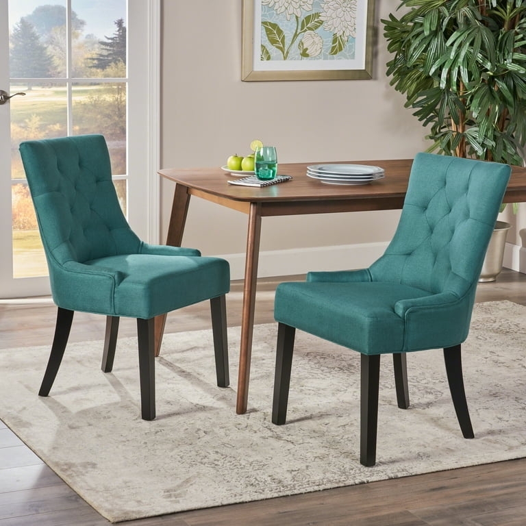 Dining Chair Pair with Dark Teal Fabric and Contemporary Splayed Legs