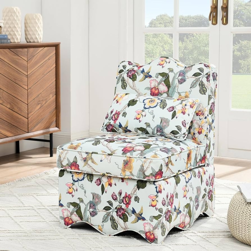 Dining Chair Red Floral Pattern Gold Legs Lumbar Pillow