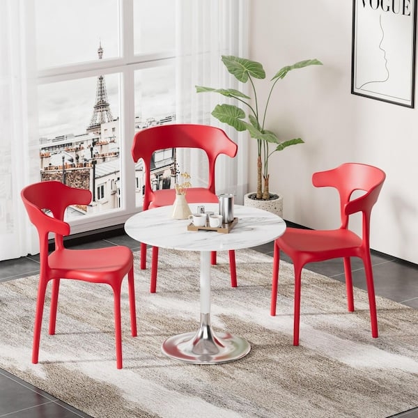 Dining Chair Red Molded Seat Cross Braced Base Black Metal Legs