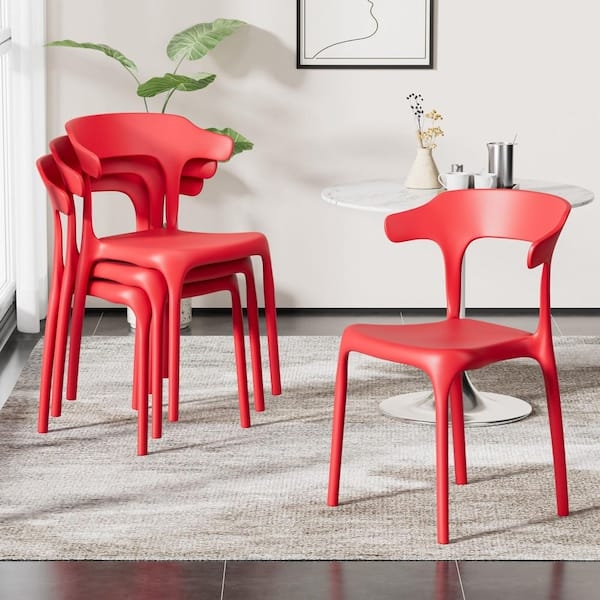 Dining Chair Red Stackable Ergonomic Back Black Metal Legs