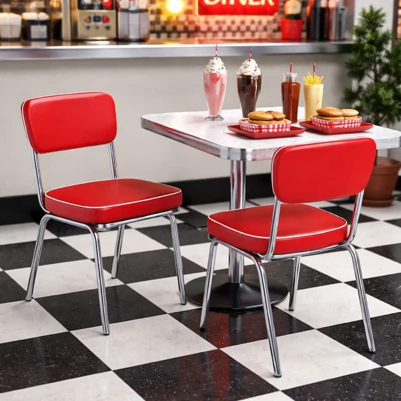 Dining Chair: Retro Red Faux-Leather with Open Back & Polished Frame