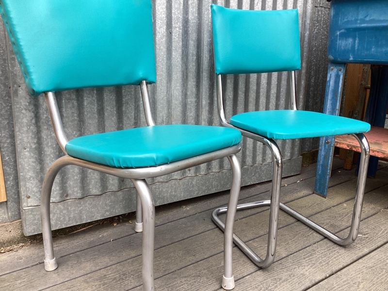 Dining Chair: Retro Turquoise Upholstery with Polished Chrome Frame