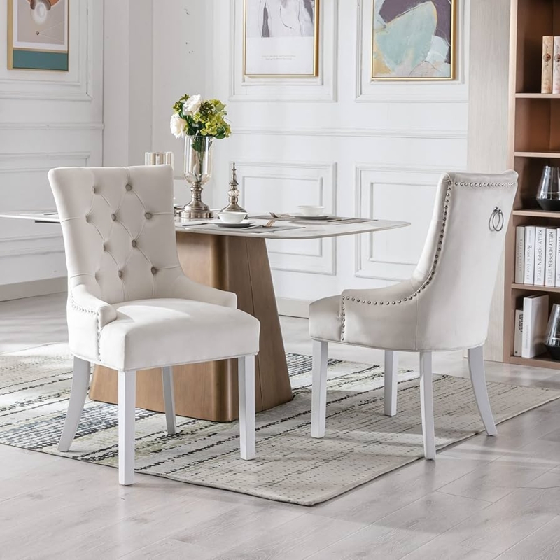 Dining Chair Ring Pull Button Tufted White Legs Glam