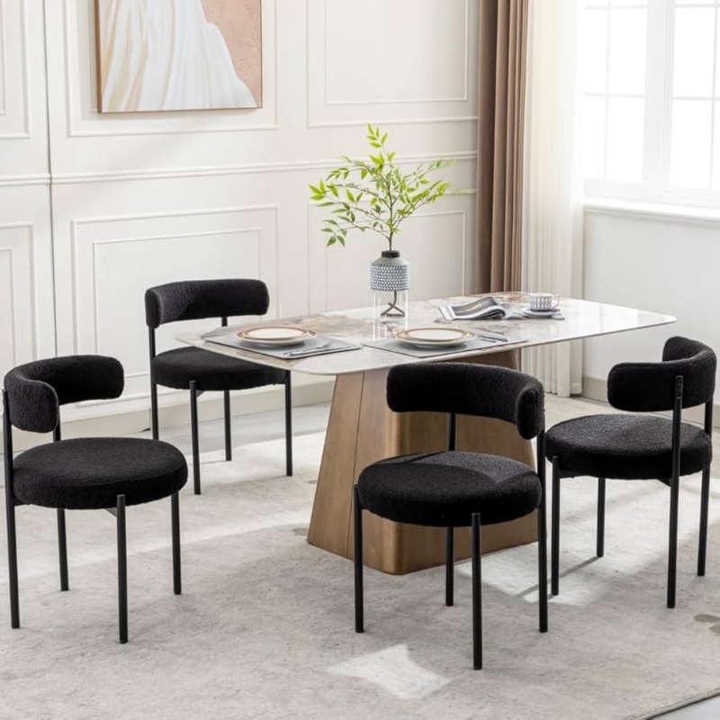 Dining Chair Round Backrest White Boucle with Matte Black Frame