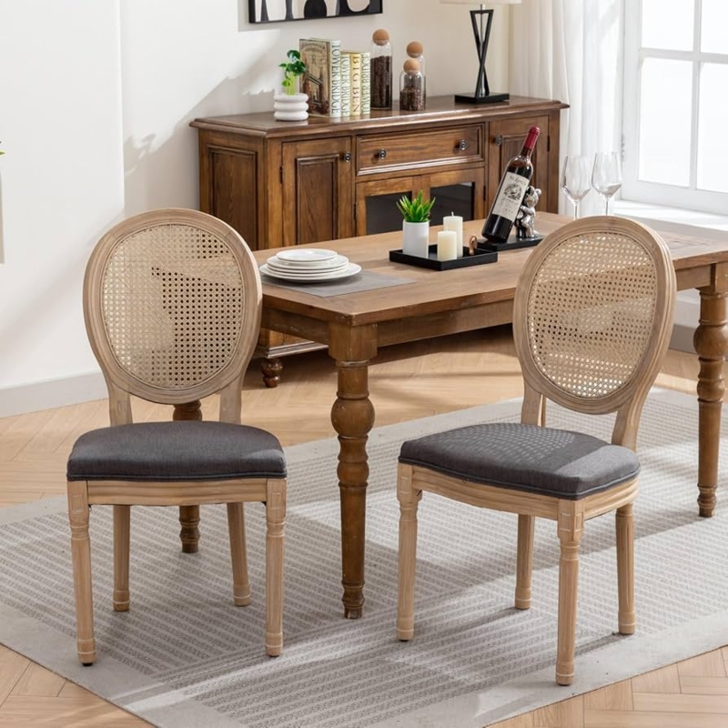 Dining Chair Round Rattan Back Dark Grey Upholstered French Style