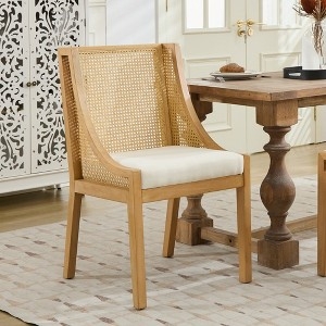 Dining Chair Rustic Woven Rattan Back Wood Armrests