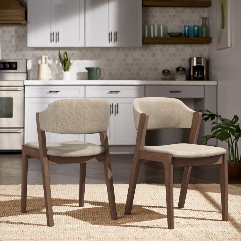 Dining Chair Scandinavian Silhouette Walnut Veneer Beige Fabric Seat