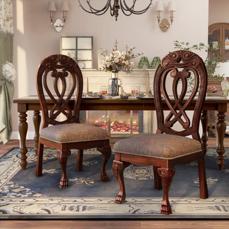 Dining Chair Scrolled Crown Carving Antique White Mocha Tufted Back