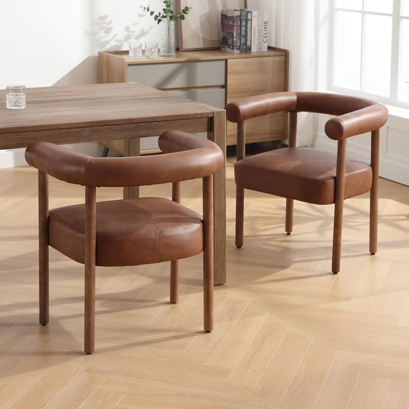 Dining Chair Set: Barrel Silhouette with Cognac Upholstery