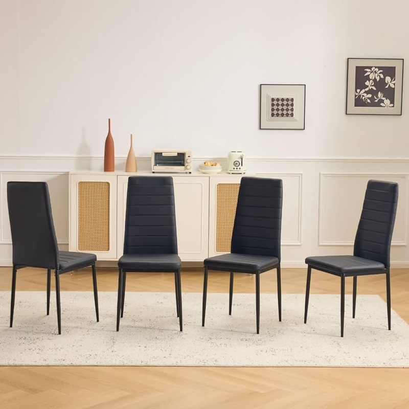 Dining Chair Set Black Faux Leather Vertical Stitching High Back