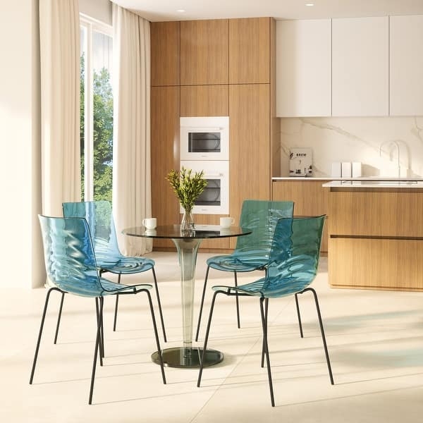 Dining Chair Set: Blue Acrylic with Ripple Design Texture & Wire Base
