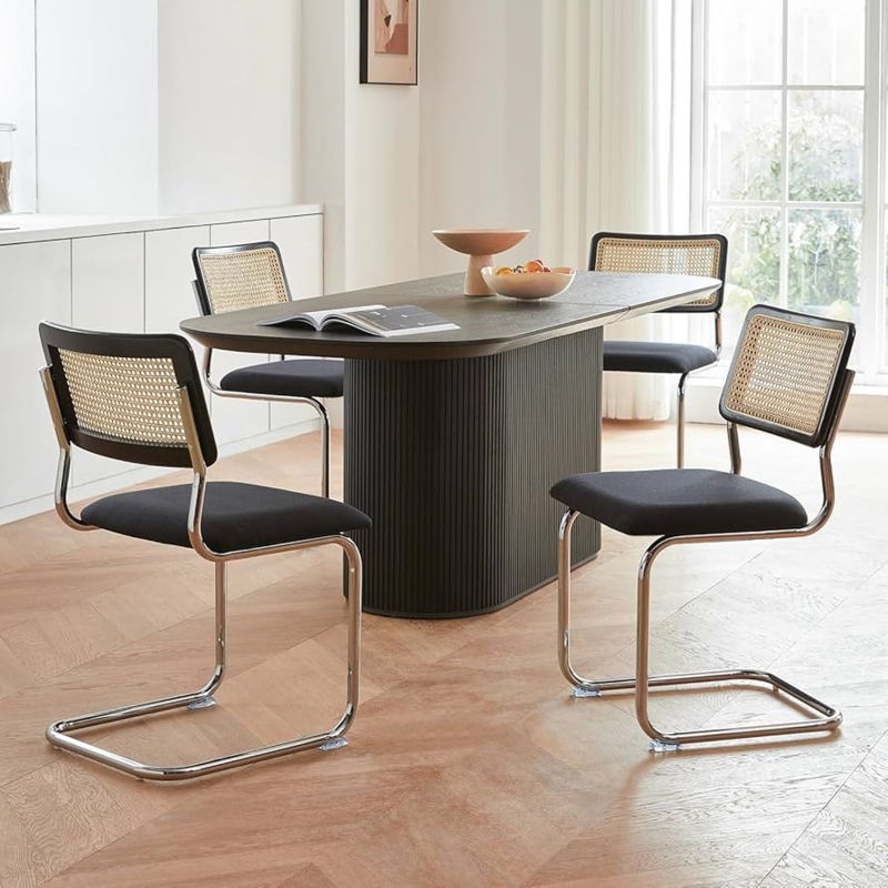 Dining Chair Set: Cantilever Black Rattan & Chrome Mesh Backs