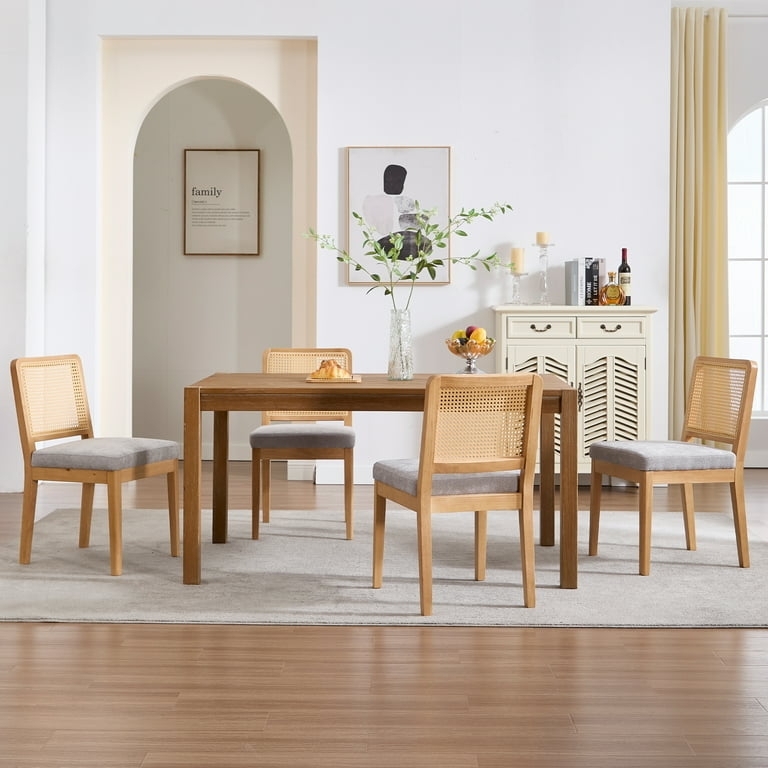 Dining Chair Set Circular Cane Back Grey Upholstery Natural Wood