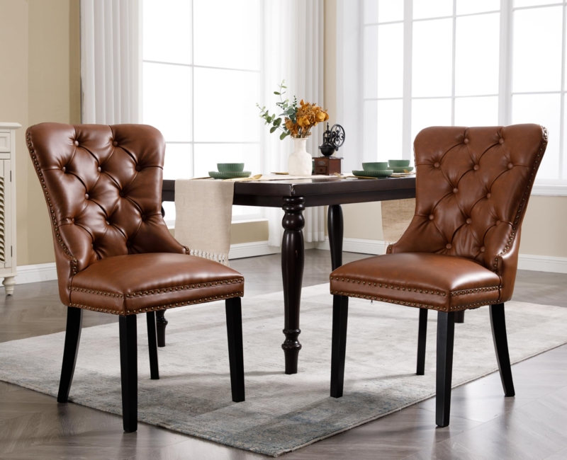 Dining Chair Set, Cognac Brown, Diamond Tufting, Nailhead Trim