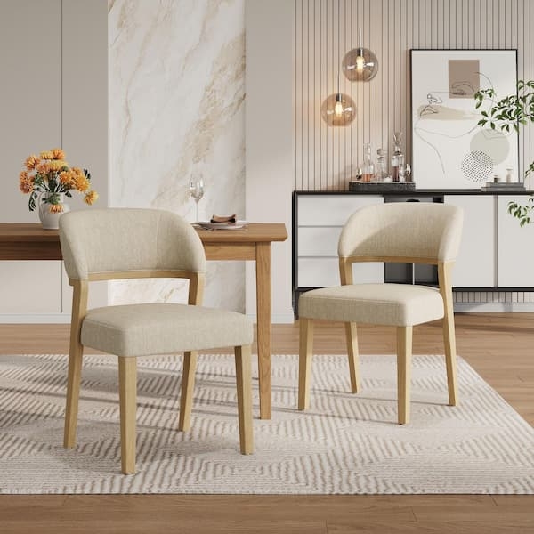 Dining Chair Set Curved Open Back Beige Upholstery Natural Wood Legs
