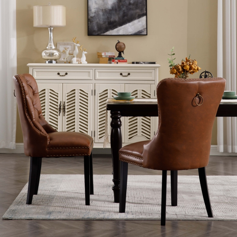 Dining Chair Set: Deep Button Tufting in Beige Leather-Like Texture