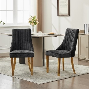 Dining Chair Set Grey Textured Fabric Gold Tapered Legs Modern Glam