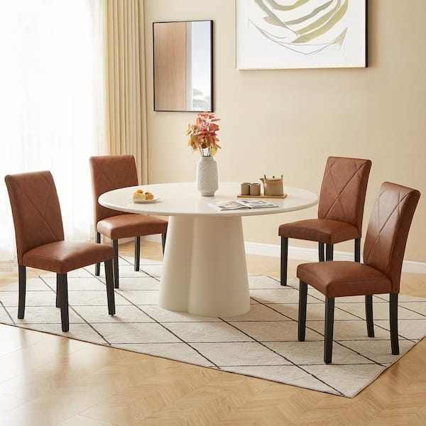 Dining Chair Set, High Back Silhouette, Brown PU Leather, Tapered Legs
