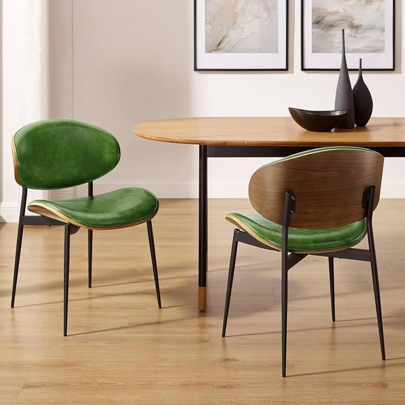 Dining Chair Set in Forest Green Faux Leather with Walnut Bentwood Frame