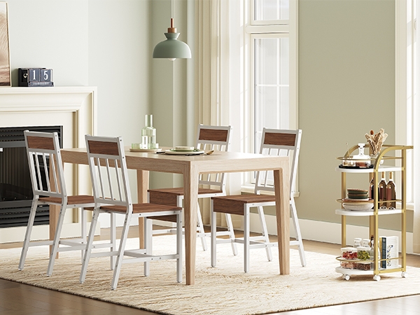 Dining Chair Set Industrial White Metal Frame Walnut Finish