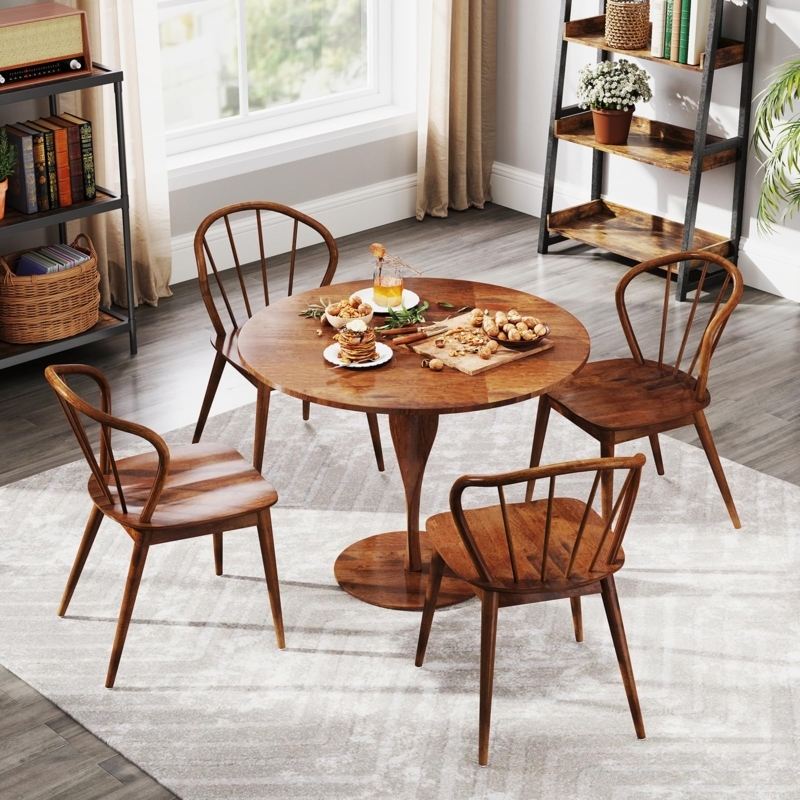Dining Chair Set, Medium Wood Toned, Curved Top Rail Spindle Backs