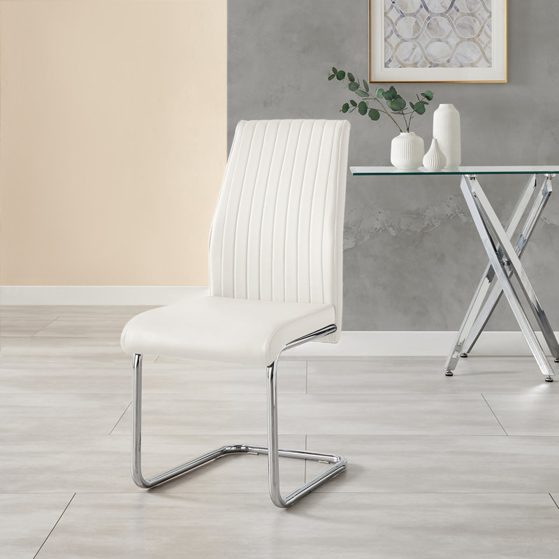 Dining Chair Set: Modern White Faux-Leather with Polished Chrome Legs