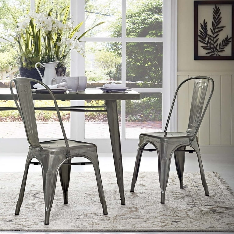 Dining Chair Set of 2, Silver Metallic Finish, Industrial Curved Back